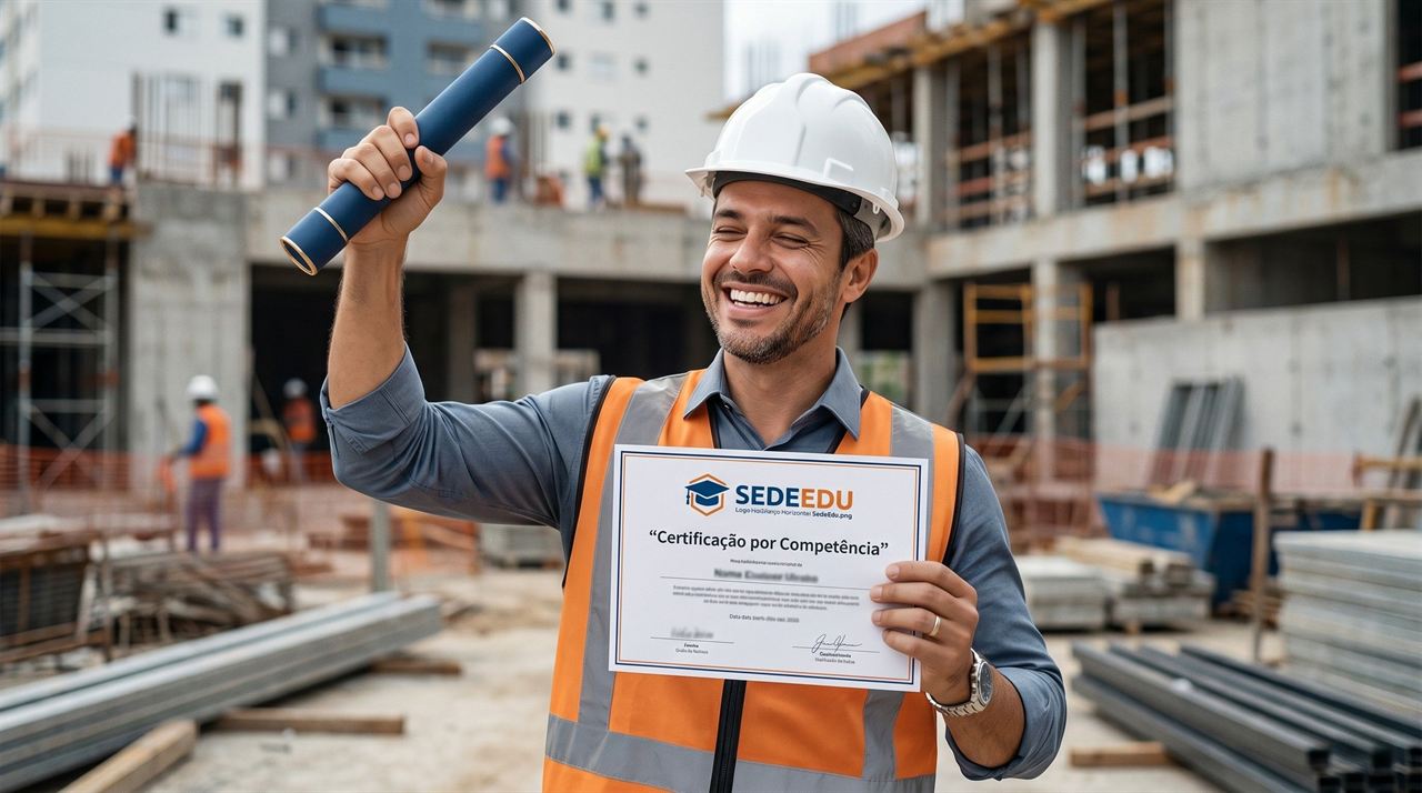 Profissional da construção civil segurando o certificado de Certificação por Competência emitido em parceria com a SedeEdu